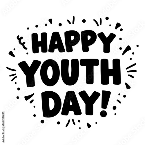 Happy Youth Day celebratory graphic design in bold, stylized lettering, with playful decorative elements. Youth-focused graphic design with a celebratory theme.