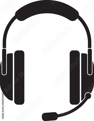 Black headset silhouette with microphone, essential communication device for call centers, gaming, and customer service, perfect for technology and audio designs