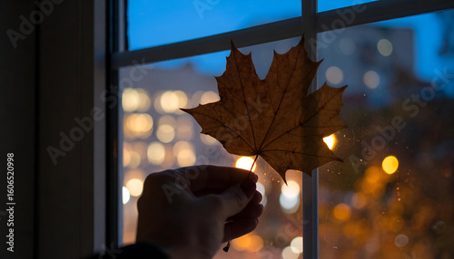 Torn Leaf Silhouette at Window with Bokeh Background at Dusk