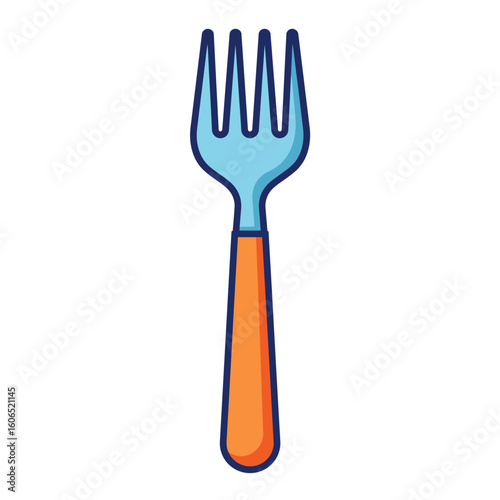 Cartoon Style Fork with Blue Tines and Orange Handle Illustration