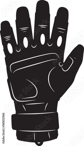 Heavy-duty protective glove silhouette in a bold black vector illustration, ideal for industrial, safety, or sports designs, showcasing durable handwear for rigorous activities