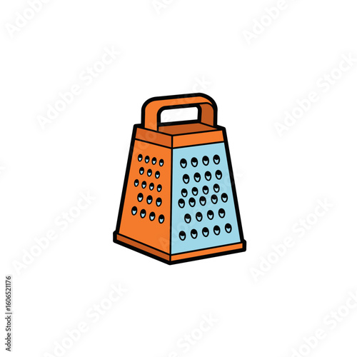 Colorful cartoon box grater with orange and light blue sides and a top handle.