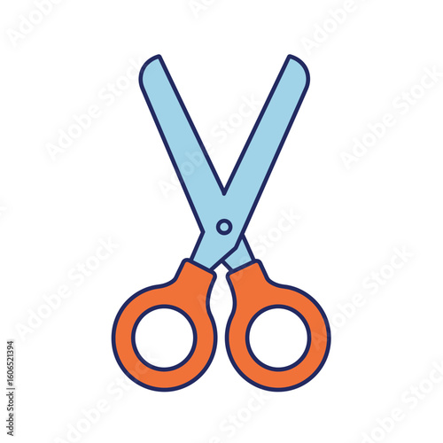 Open pair of cartoon scissors with orange handles and light blue blades, flat icon style.