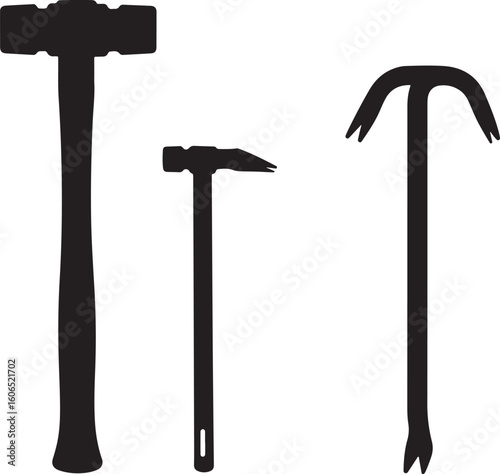 Assorted Hammer Tools and Crowbar Silhouette Vector Set