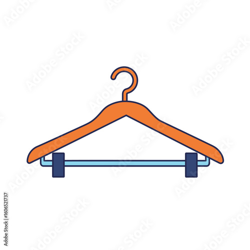 Vibrant orange clothes hanger with blue outline and light blue bar, flat cartoon style.