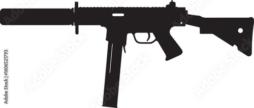 Sleek submachine gun silhouette with a suppressor and long magazine, representing tactical firearms, ideal for military, police, and security-themed designs