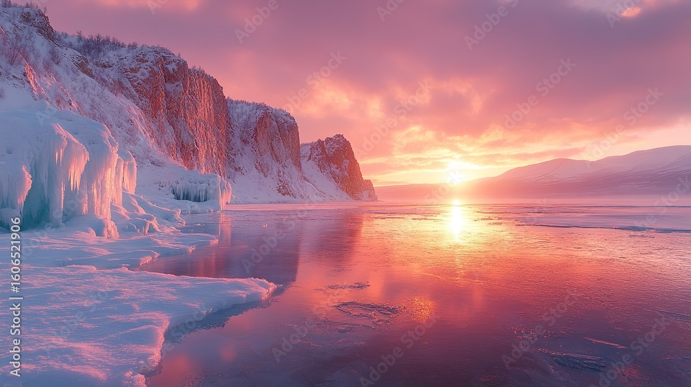 Fototapeta premium Winter Ice Lake Sunrise Landscape, Snowy Cliff with Frozen Waterfall, Sunset Golden Hour Photography for Commercial Design, Nature Wallpaper, Travel Poster