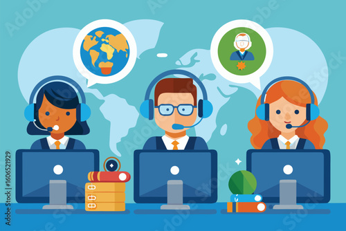 Customer service hotline operators engage in consultations using technology in a modern office environment with global connections represented