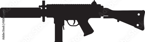 Submachine gun with a suppressor/silencer in black silhouette. Military weapon vector illustration for special forces, tactical operations, or security and covert mission concepts