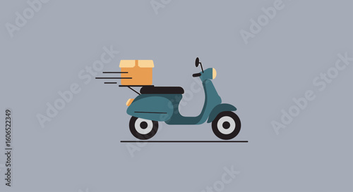 A teal colored scooter carrying a cardboard package is in motion.