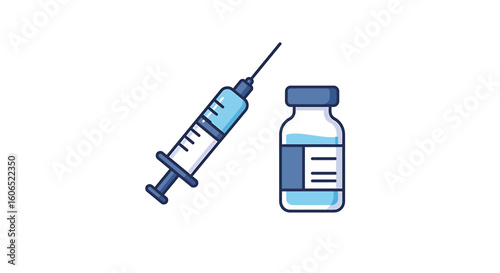 Simple graphic illustration of a syringe and vaccine vial.