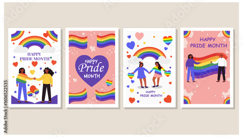 Four Heartwarming  Happy Pride Month  Illustrations with Rainbows and Loving Connections