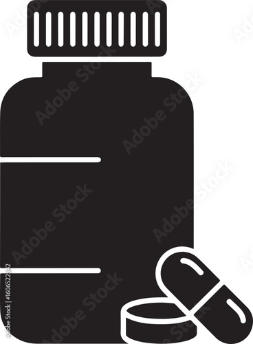 Medicine bottle with capsules and a pill, symbolizing pharmaceuticals, healthcare, and medication, essential for medical concepts, wellness, and prescribed treatments