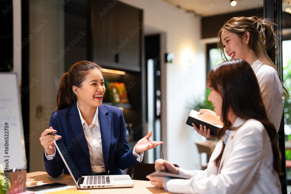Fototapeta premium Business people, coach at office for internship program or training staff. Businessman, executive or mentor helping junior employee woman with software for communication.