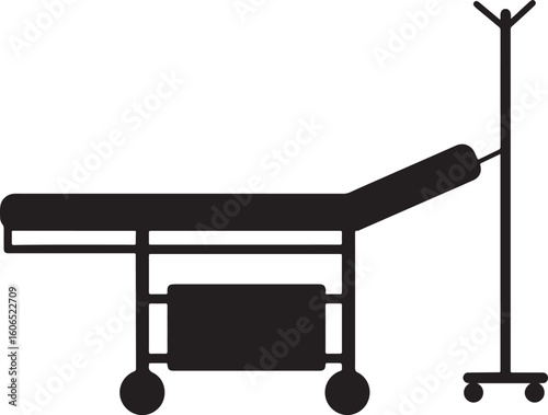 Medical examination table or gurney silhouette with an IV stand, symbolizing healthcare and patient care, perfect for hospital and emergency themes