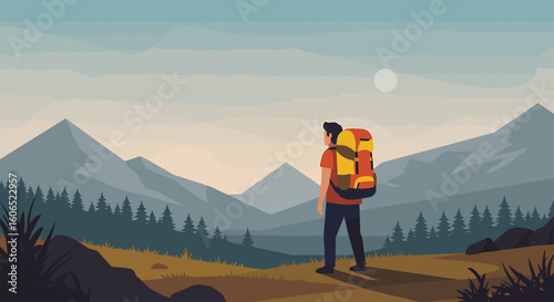 Solo hiker contemplates majestic mountain vista, backpack laden, autumnal landscape.