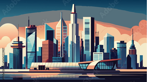 singapore skyline with rippled flag illustration