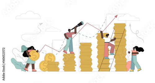 Economic, financial growth, investment, profit growth. Little people grow money, coins, do business. Vector illustration on white background