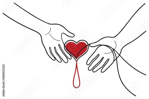 Continuous line drawing of two hands exchanging blood, symbolizing the act of donating love and support for those in need of life-saving transfusions