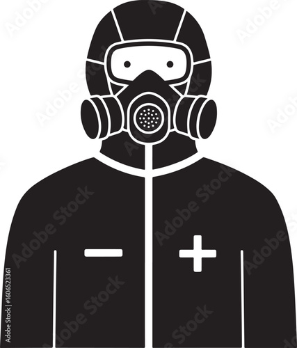 Protective hazmat suit silhouette with a gas mask, a stark black vector illustration for safety, chemical, or medical designs, depicting a person in an emergency uniform