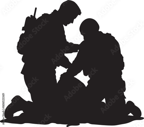Two soldiers in silhouette performing tactical combat casualty care or first aid on an injured comrade, highlighting essential battlefield medical skills and military emergency response