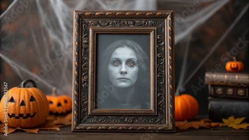 Halloween mockup scene with spooky decorations. Spooky portrait in ornate frame surrounded by Halloween decorations and pumpkins.