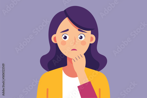 Confused and anxious woman deep in thought with her hand on her chin in a calm, purple background setting