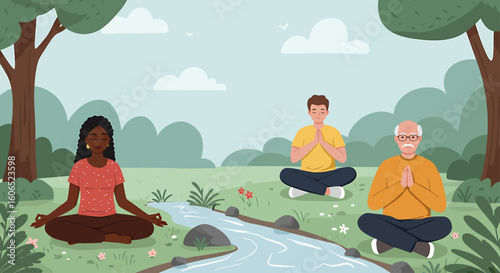 Three people of different ages and ethnicities meditate outdoors in a park setting by a small stream, practicing mindfulness and relaxation.