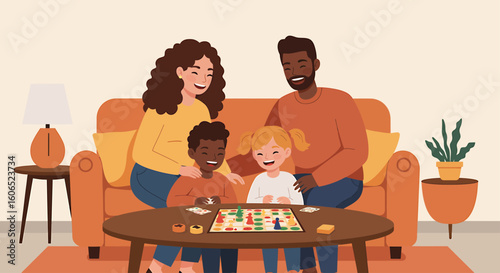 A happy family of four, including parents and two children, are playing a board game together in their living room, sitting on the sofa.