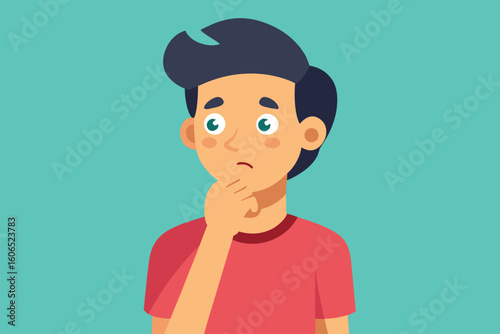 Confused and anxious person deep in thought with hand on chin in a simple background