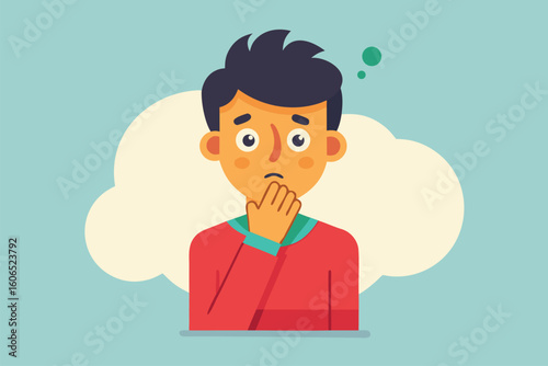 Individual displays confusion and anxiety while lost in thought, with hand resting on chin against a soothing background