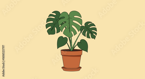 A stylized illustration of a monstera plant in a terracotta pot against a pale background.