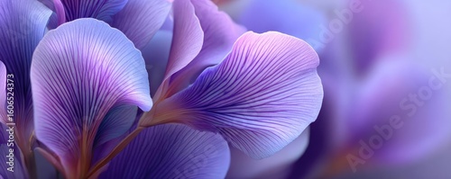 Iris cascade in minimal movement concept. Beautiful close-up of delicate purple flower petals in soft focus.