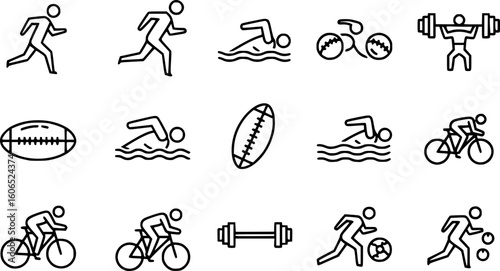 sports icons, glyph style, isolated on black background

