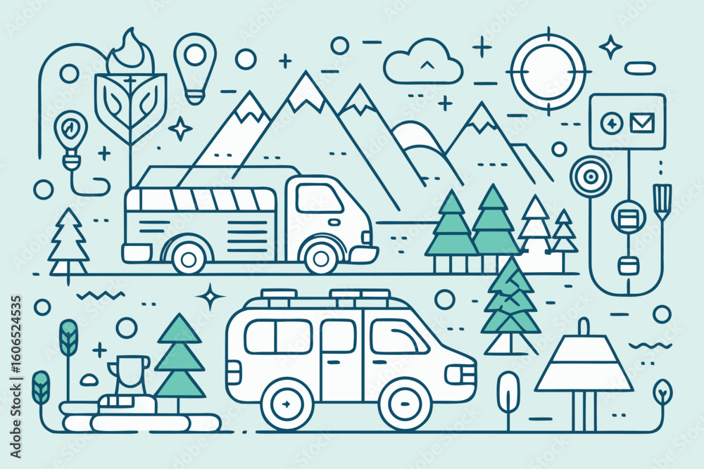 Obraz premium Collection of line icons featuring outdoor activities, nature landscapes, and travel themes for creative projects and designs