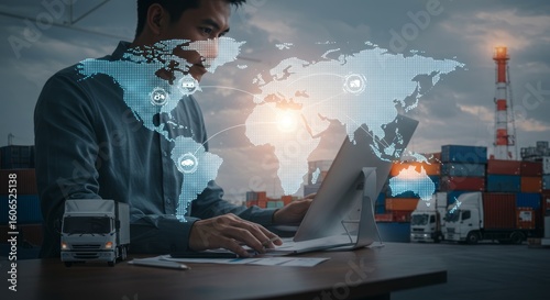Asian man working on laptop w/ world map overlay. Shipping containers & trucks visible in background, implying global logistics