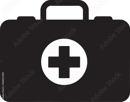 Black first aid kit icon with a white cross, symbolizing medical emergency, healthcare, assistance, safety, and health equipment on a white background