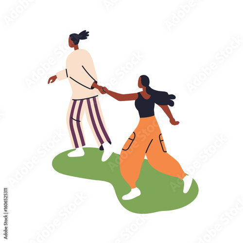 Couple in love, holding hands and walking together. Young man and woman on grass in park outdoors, summer holiday stroll. Happy romantic people. Flat vector illustration isolated on white background