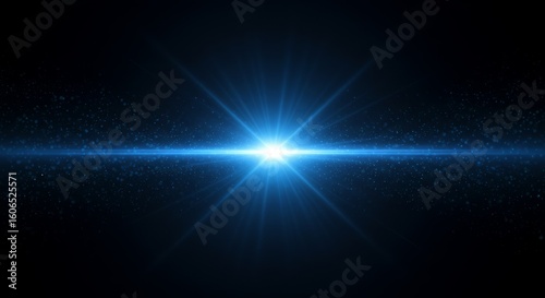 Brilliant blue light emanates from a central point, forming a horizontal beam against a dark background with scattered particles