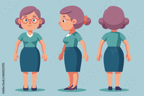 Casual middle aged woman character design in a stylish dress with her hair styled and glasses on, showcasing different angles in a minimalist setting