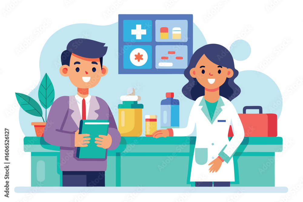 Obraz premium Pharmacist assists customer in colorful pharmacy setting during daytime, engaging in conversation about health and medication options