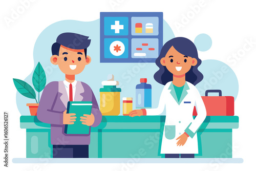 Pharmacist assists customer in colorful pharmacy setting during daytime, engaging in conversation about health and medication options