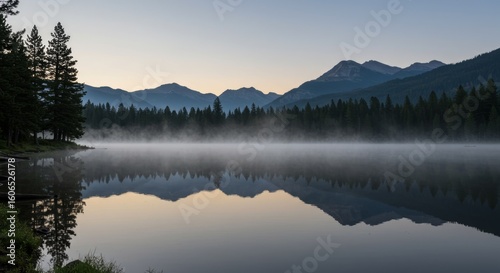 Calm lake reflects silhouetted trees and mountains, with mist hugging the water's surface under a soft, pre-dawn sky