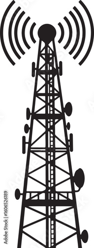 Monochromatic vector illustration of a tall communication tower with multiple antennas emitting signal waves, ideal for concepts of wireless technology, network connectivity, and telecommunications