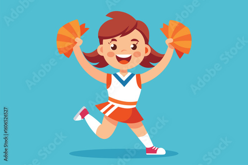 Cheerleader performs energetic routine with vibrant pom-poms during lively sports event on sunny day