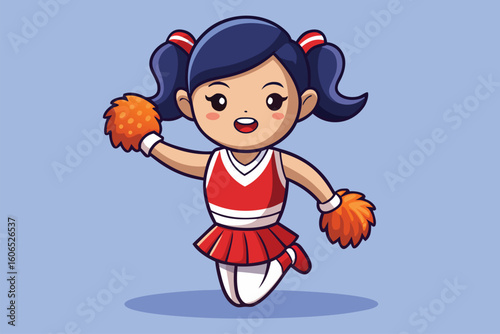 Young cheerleader performing a dynamic jump during a spirited cheerleading routine at a sports event in an energetic atmosphere