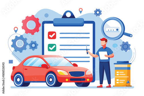 Car vehicle checklist inspection process involves technician assessing a car's condition with tools and documentation in a modern workshop setting