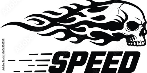 Flaming Skull Speed Typography Vector Icon in Black and White