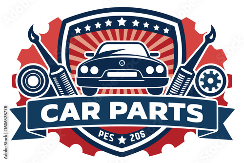Emblem representing car service and auto parts repair facility with diverse automotive visuals and strong color palette showcasing commitment to quality service