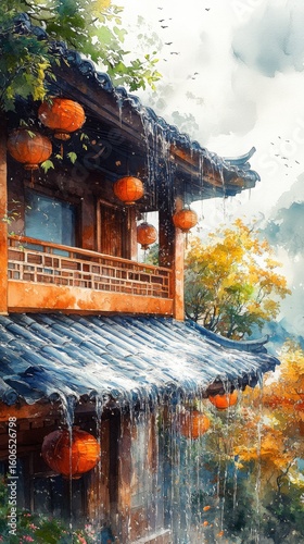 A Serene Autumn Rain: Watercolor Depiction of a Traditional Chinese Building with Lanterns, Trees, and Birds in Flight, Evoking Calmness and Nostalgia.